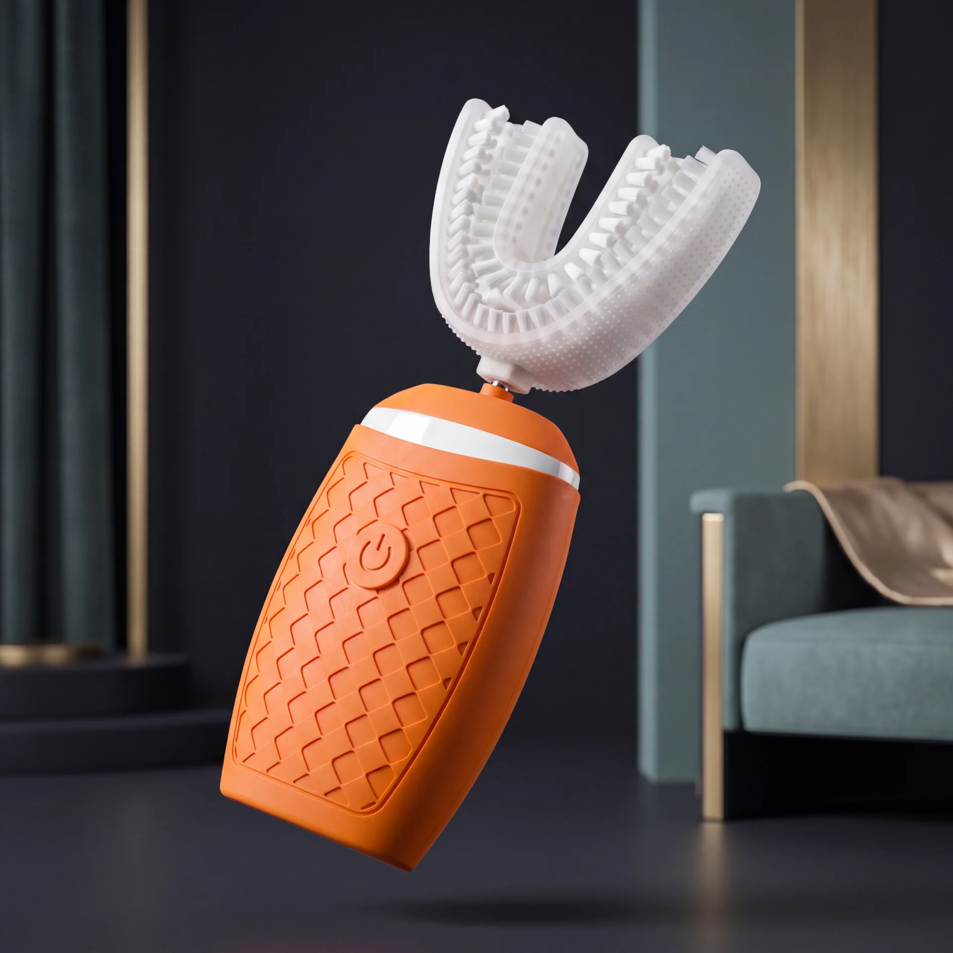 Orange TB-05 toothbrush against a dark interior backdrop