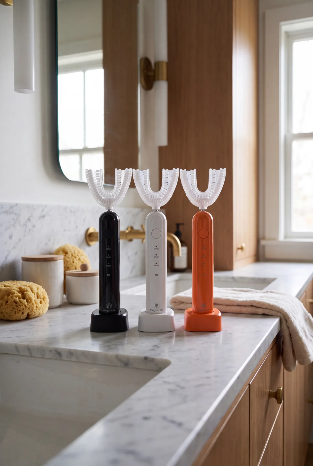 Black, white, and orange TB-03 toothbrushes together on a bathroom counter